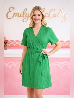 Emily McCarthy Green Belted “Day Robe” True Wrap Linen Dress, Size XS